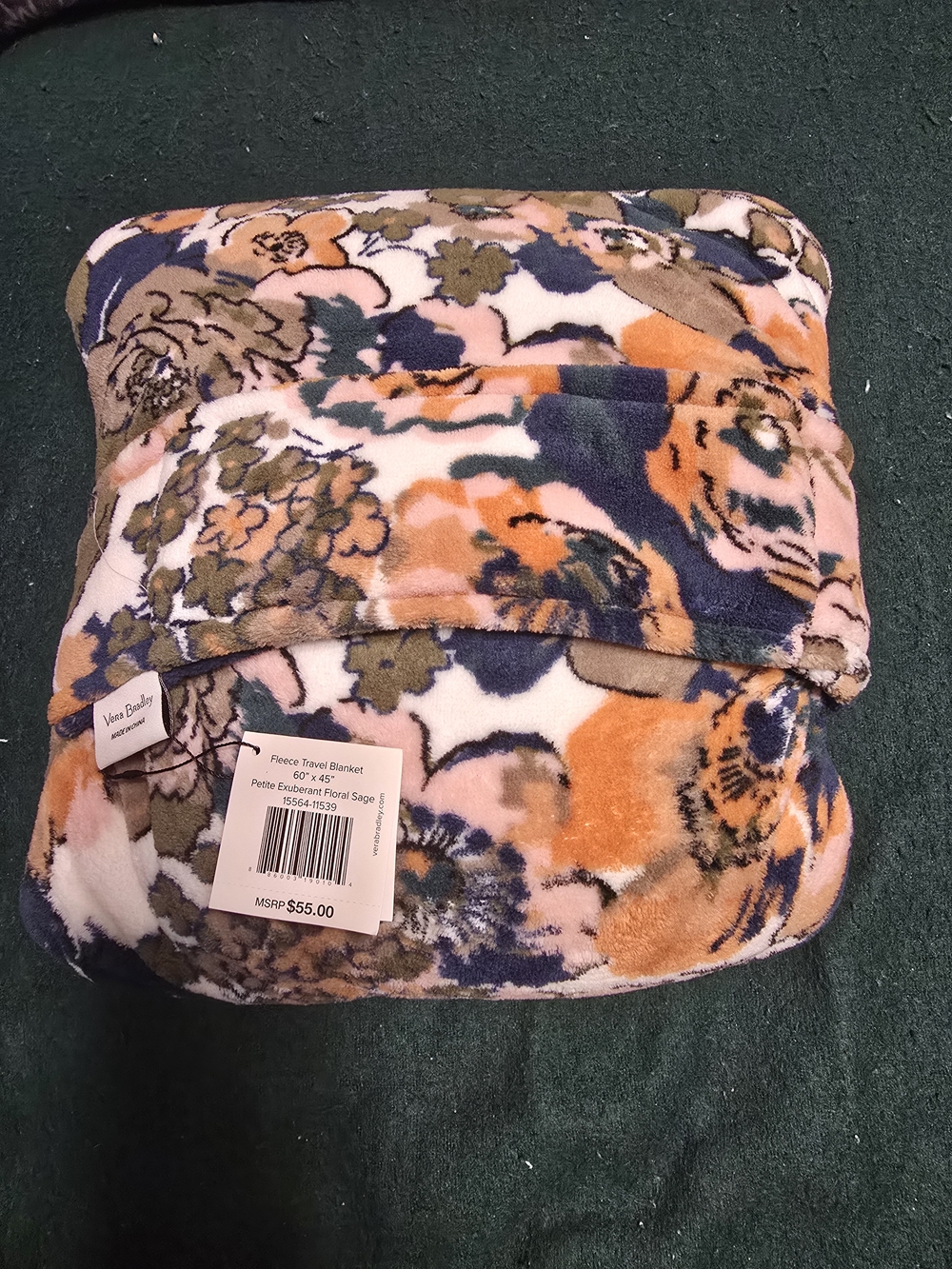 Vera Bradley Sage Floral Fleece Travel Blanket - Navy, Orange, Cream